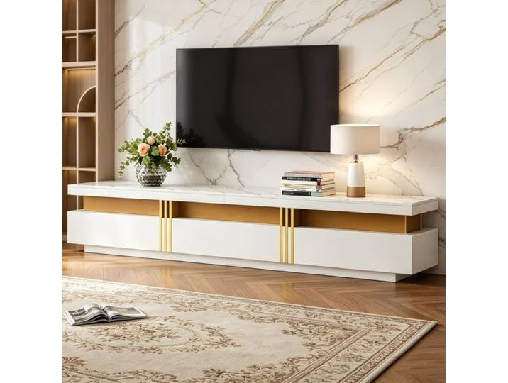 Meuble Tv Blanc 200 Cm - Meuble De Salon - Moderne Avec 3 Tiroirs Et Design Marbre - Meuble Télévision Avec Rangement