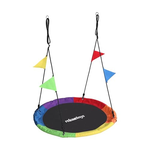 Relaxdays nestschommel voor kinderen, rond, met wimpels, verstelbaar, multicolor, Ø: 120 cm
