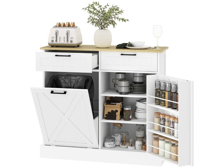 Buffet homcom avec poubelle inclinable, tiroirs, étagères