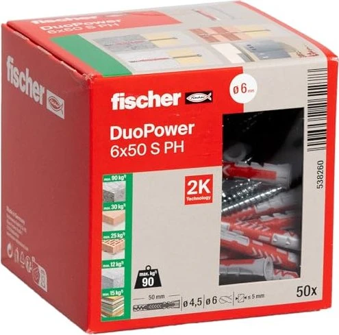 fischer DuoPower 6x50 S PH 2K Dübel mit Schrauben Ø 6 mm x 50 mm, 50 Stück