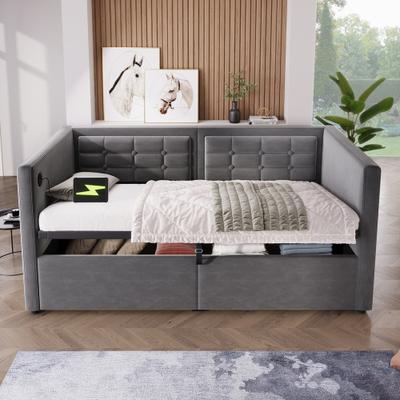 Velvet Upholstered Twin Size Daybedwith USB & Type-C Charging