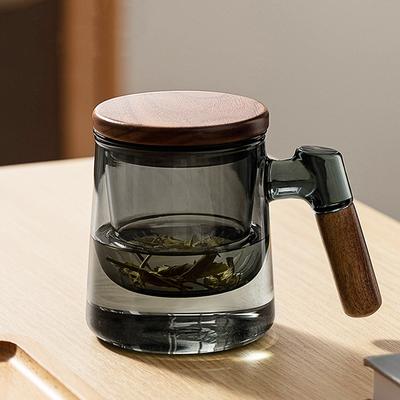 Youfap Market Borosilicate Glass Tea Cup With Infuser, Steeper And Lid For Loose Leaf Tea, Filter Mug Wood Handle For Blooming Tea grey