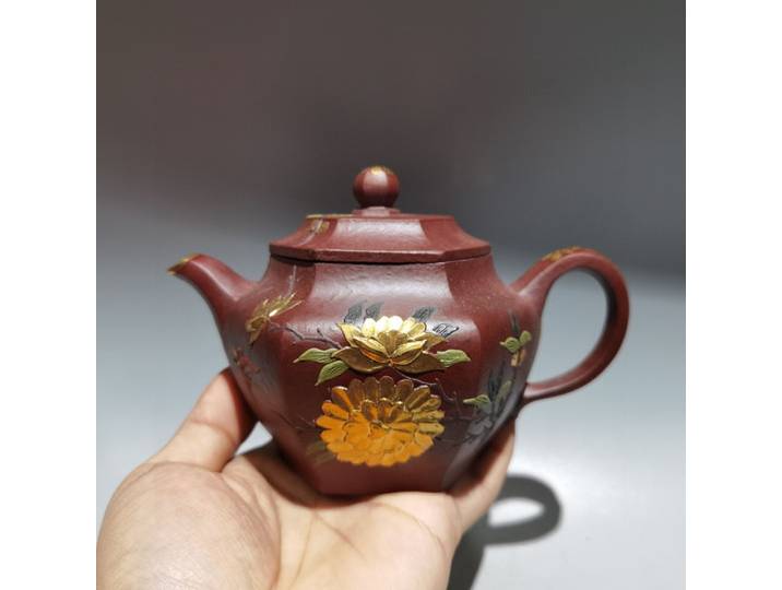 Pot en argile violette Yixing folk népalien de 6 pouces, texture de fleur peinte, Pot Hexagonal, bouilloire, théière, thé, Amass, ornements de richesse