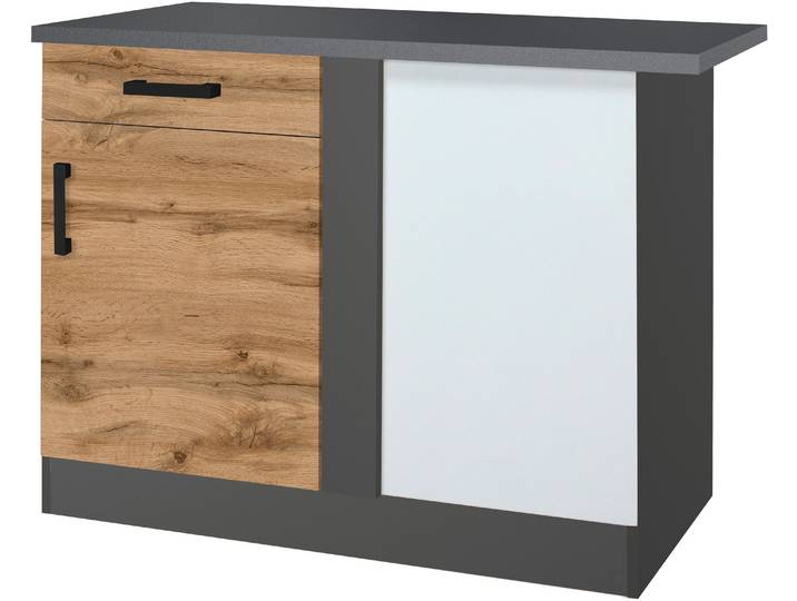 Eckunterschrank, 110x85x60 cm, Spanplatte, Grau, 1 Tür & 1 Schublade, Modern