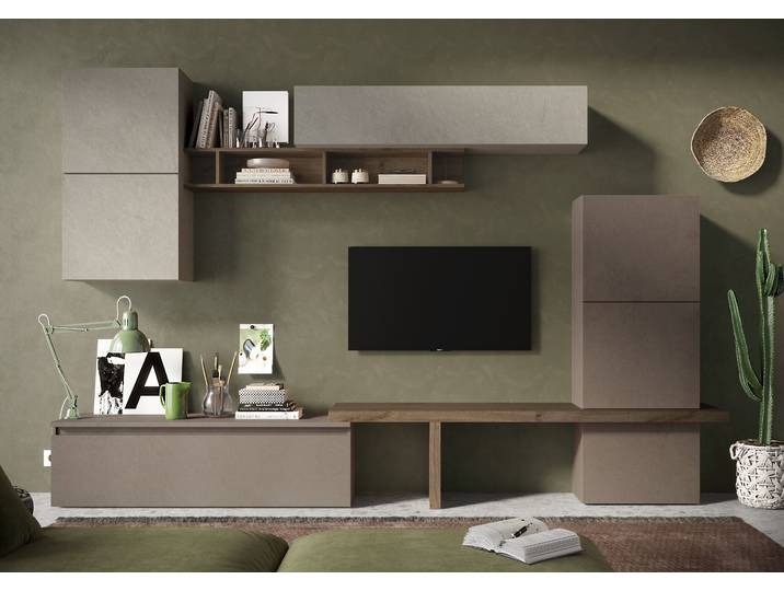 Wohnwand HOME AFFAIRE Infinity, 9tlg. Breite 290 cm, Höhe variabel, Schrankwand (Lowboard , braun (lehmfarben (argilla), bronzo, mercure nb holzstruktur), B:290cm H:195cm T:40cm, Holzwerkstoff, Kastenmöbel-Sets, Wohnwand, T-Boden, 4x Hängewürfel, Würfel-Element, Wandregal, Hängeschrank)