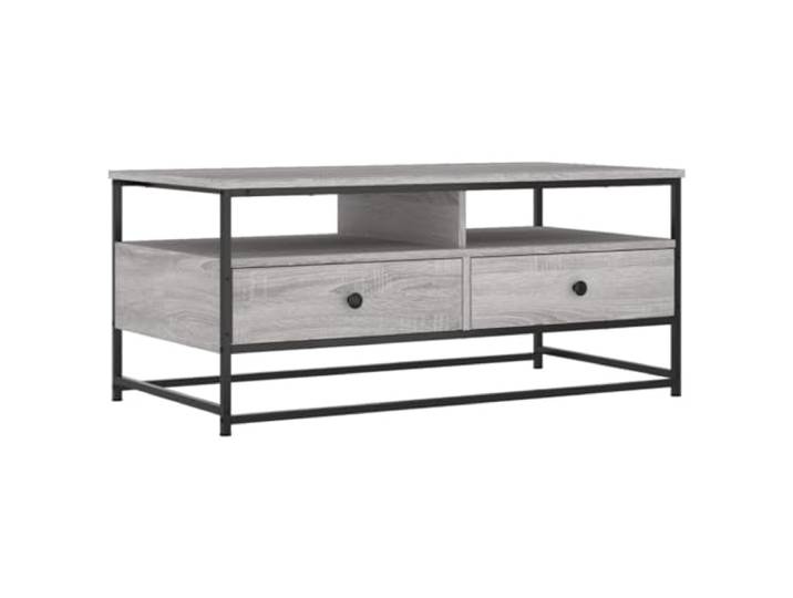 KMVXCVNM Couchtisch Grau Sonoma 100x51x45 cm Sofatisch Metallgestell Praktischer Stauraum im Wohnzimmer: Offene Fächer und Schubladen halten Magazine, Fernbedienungen und Gläser bereit.