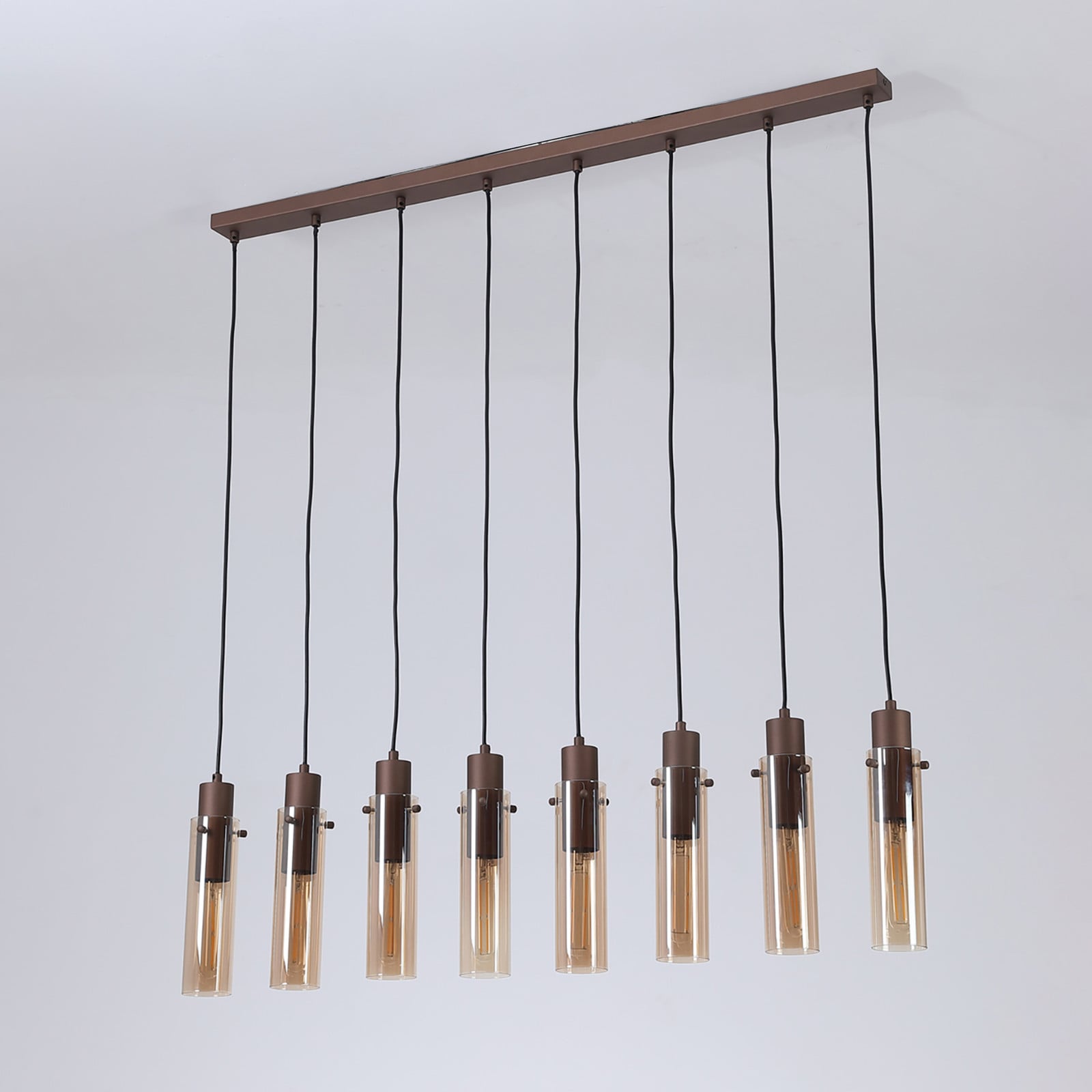 Searchlight Sweden II recht hanglamp, 8-lichts, bruin, metaal en glas, H x B x D: 110 x 32 x 7 cm, E27