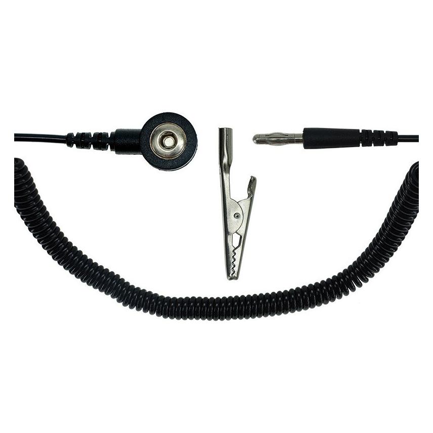 Safeguard ESD-Spiralkabel, 1 MOhm, schwarz, 1,8 m, 3 mm Druckknopf, Bananenstecker, Krokodilklemme (Statikschutz) (SG-SK-3DK-BA-KR-SCH-1800MM-1MOHM)