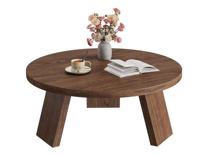 Table basse ronde - LUNSY - 85x85x40 cm - Marron - Supporte jusqu'à 90 kg - Style rustique - Montage rapide