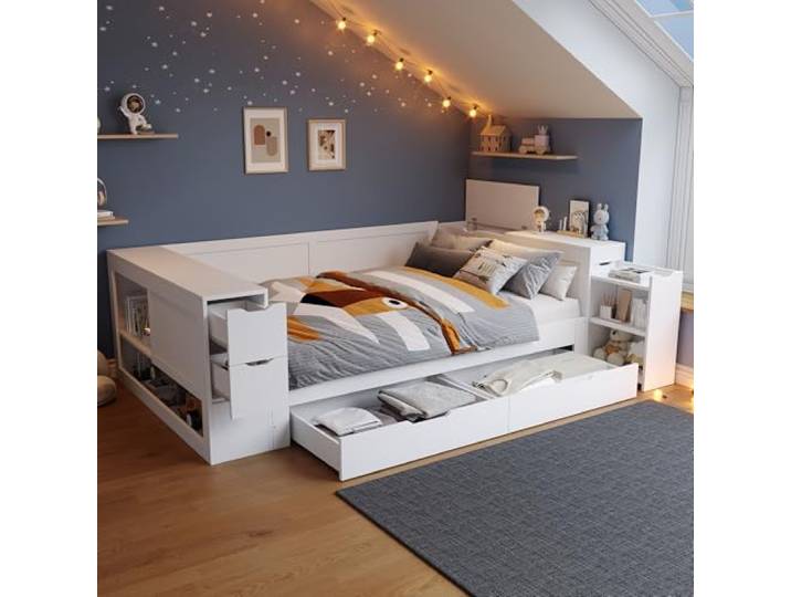 Bellemave Kinderbett Stauraumbett 140x190 cm, Weiß Multifunktionales Daybed mit Schubladen, Regalen & Nachttischen, MDF Jugendbett mit Lattenrost, 200 kg belastbar