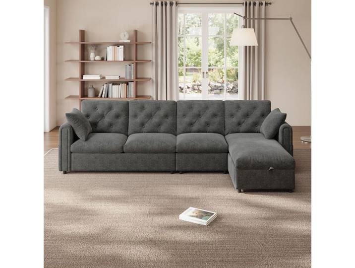Canapé moderne gris - Rangement ajustable - Velours - Poches magazines - Canapé d'angle en L - 4 Places