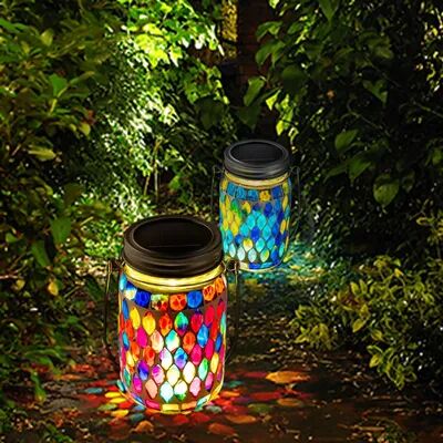 Combo Retail Shop Solar Powered Mosaic Hanging Light, Waterproof Glass Table Lamp, Outdoor Garden Patio Party, Indoor Outdoor Yard blue