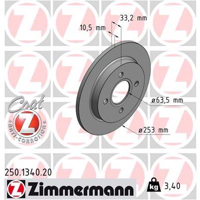 ZIMMERMANN Bremsscheibe COAT Z 250134020 Hinterachse voll 253mm 10mm für Ford