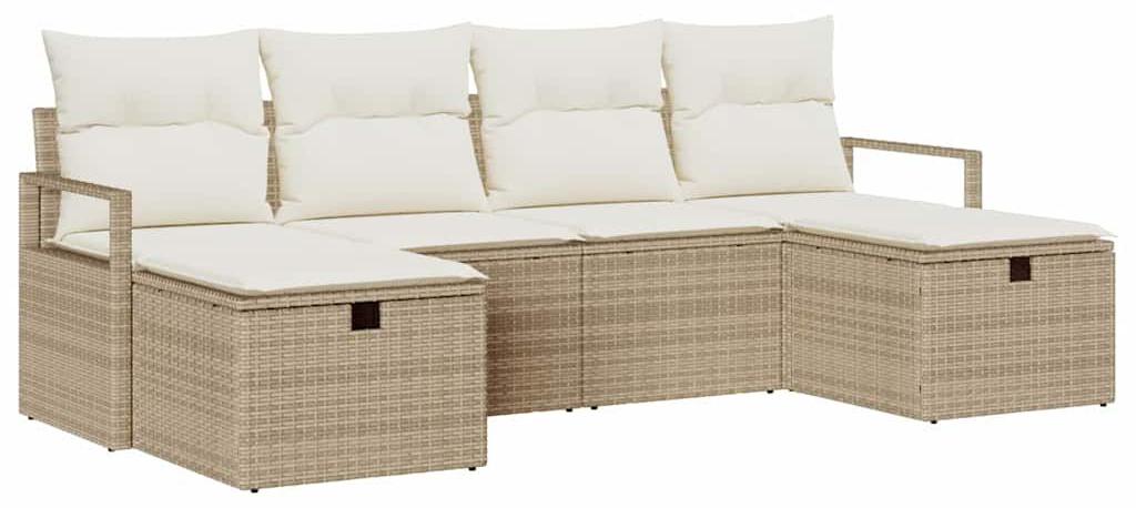 Loungeset, Bankgarnitur - 5 Sitzplätze, Poly-Rattan - Stahlrahmen, pulverbeschichtet - Beige Kissen - Modular und wetterbeständig