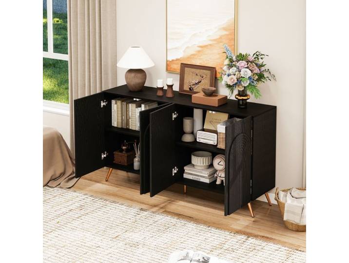 Buffet bas - ZEVKOR - Buffet Bas Noir de Style Mid-Century - 4 portes - Étagères réglables - Pieds métal doré