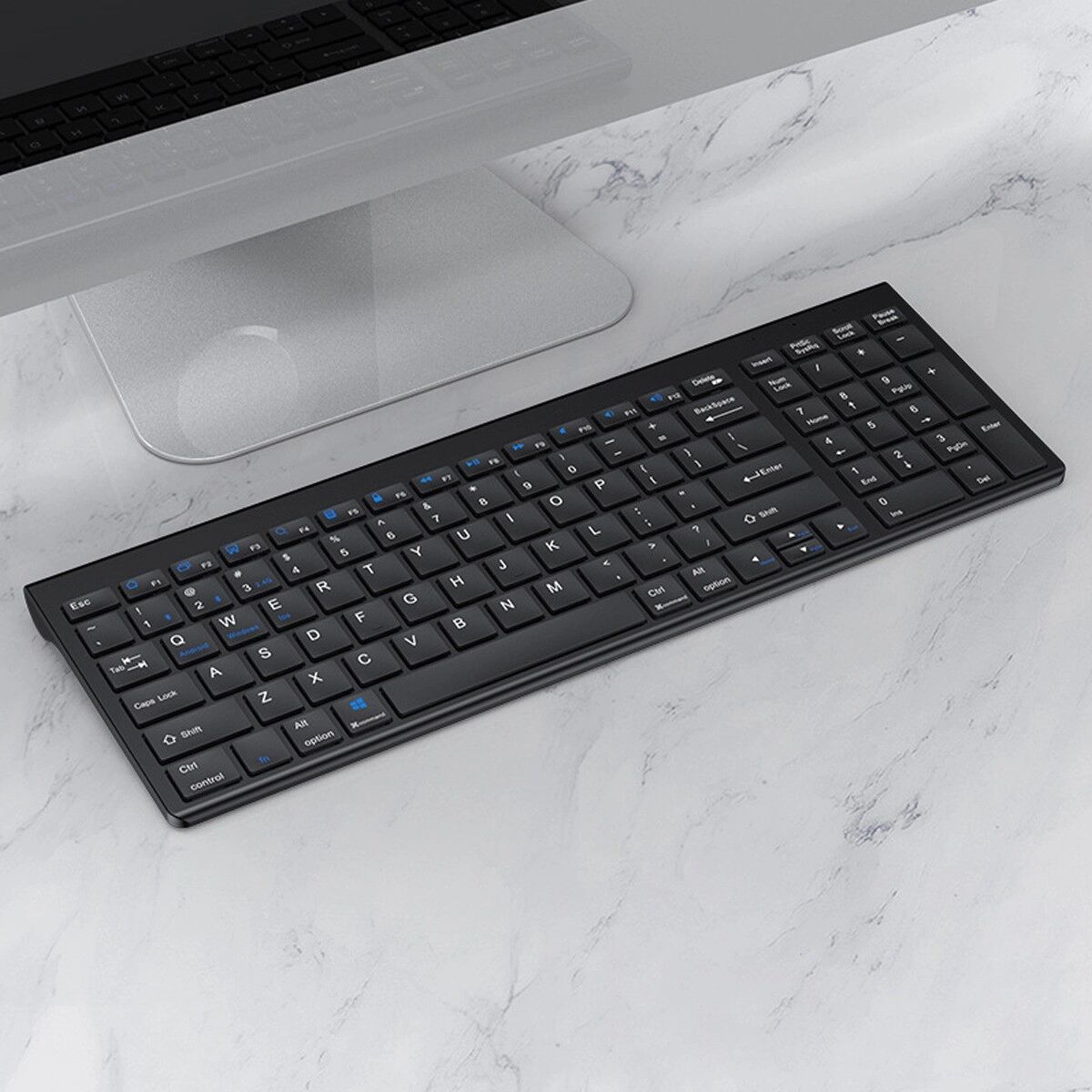 INF Kabellose Tastatur – Dual-Mode Bluetooth 5.0/3.0 mit 2-in-1 USB/Type-C-Empfänger, Scherenmechanik, leise Tasten, Schwarz