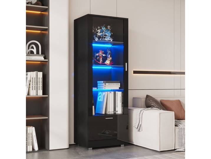 Vitrine - ZEVKOR - Vitrine 1 Porte - 1 porte acrylique - 3 étagères verre trempé - LED 20 couleurs