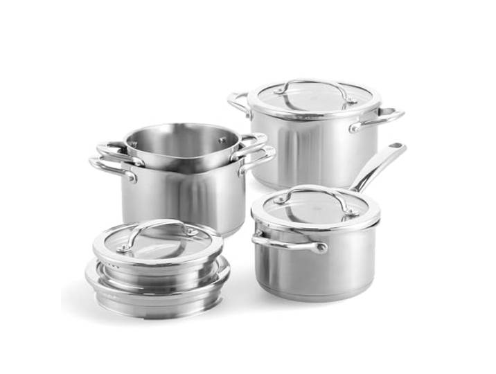 BK Twist Topfset 4-teilig aus Edelstahl mit Deckeln – Stieltopf & 3 Kochtöpfe, stapelbar, integriertes Abgießsystem, spülmaschinengeeignet, induktionsgeeignet, backofenfest