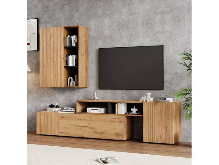 Ensemble meuble TV réglable 174-265 cm avec meuble mural vitrine décor chêne et noir