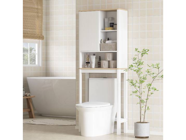 HOMCOM Meuble Rangement WC Blanc 65x25x170cm avec Étagères