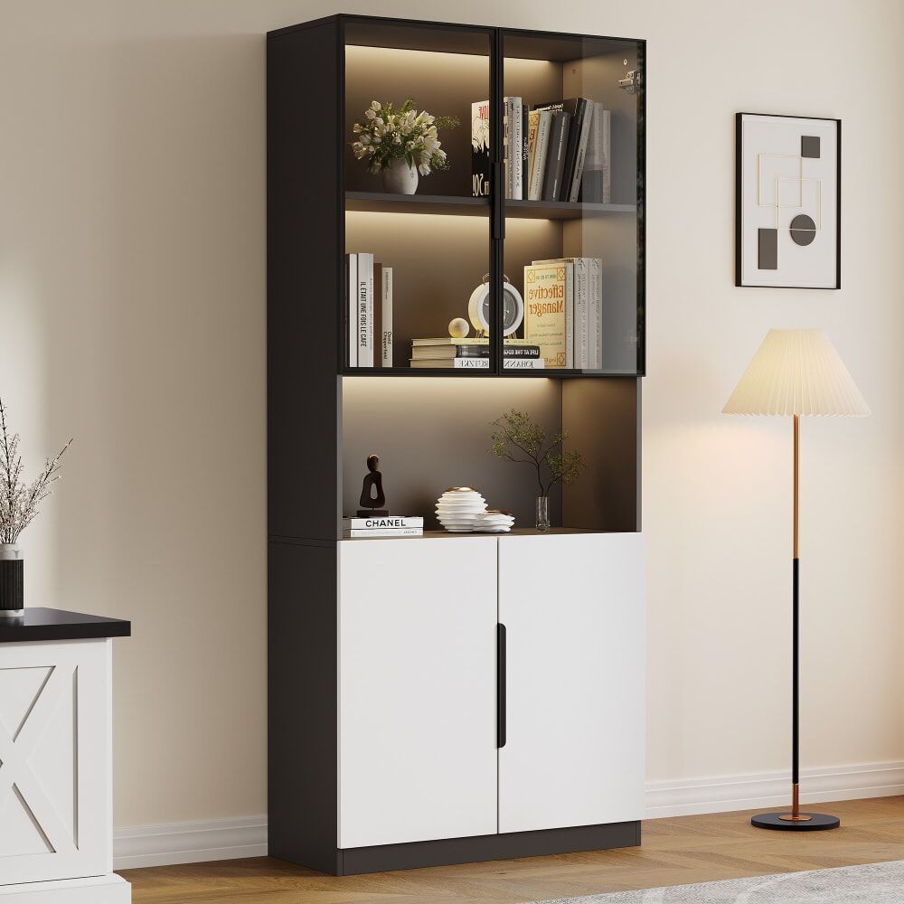 Urban Meuble Librería vitrina moderna negra con 2 puertas blancas y 2 puertas