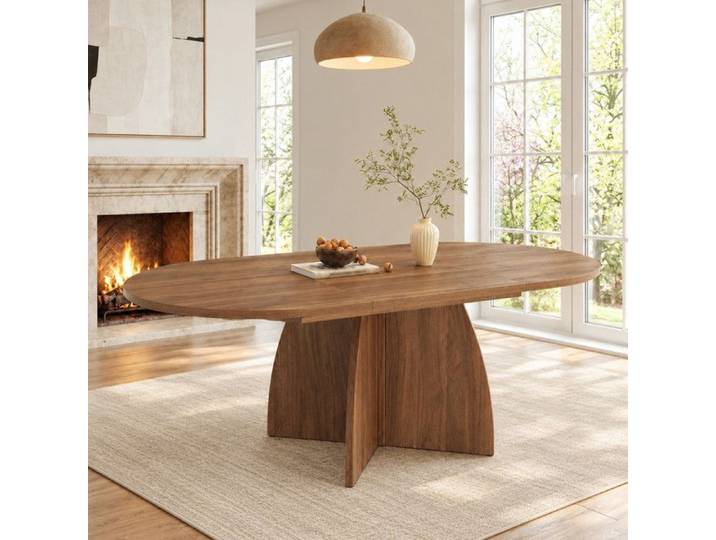 Table a manger d'angle arrondie pour 6 à 8 personnes Table ovale extensible 120-180x75cm style simple Bois Noyer