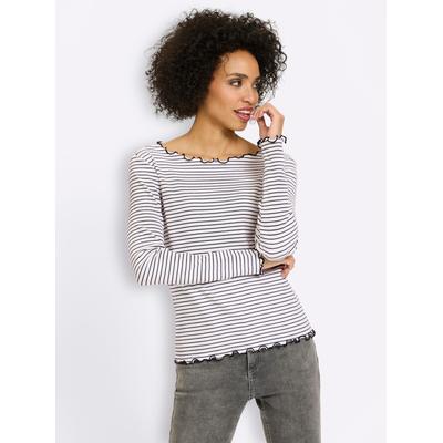 Langarmshirt HEINE "Ringelshirt", Damen, Gr. 44, schwarz-weiß (ecru, marine, geringelt), 95% Baumwolle, 5% Elasthan, gemustert, gestreift, U-Boot-Ausschnitt, Shirts Langarmshirt