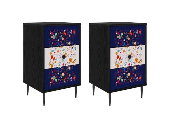 Favemtsl Nachttisch 2er Set Schwarz Eichen-Optik 36 x 33 x 61 cm Schlanke Nachtkommode für das Schlafzimmer mit dekorativem Muster, erhobenen Füßen und robusten Stahlgriffen.