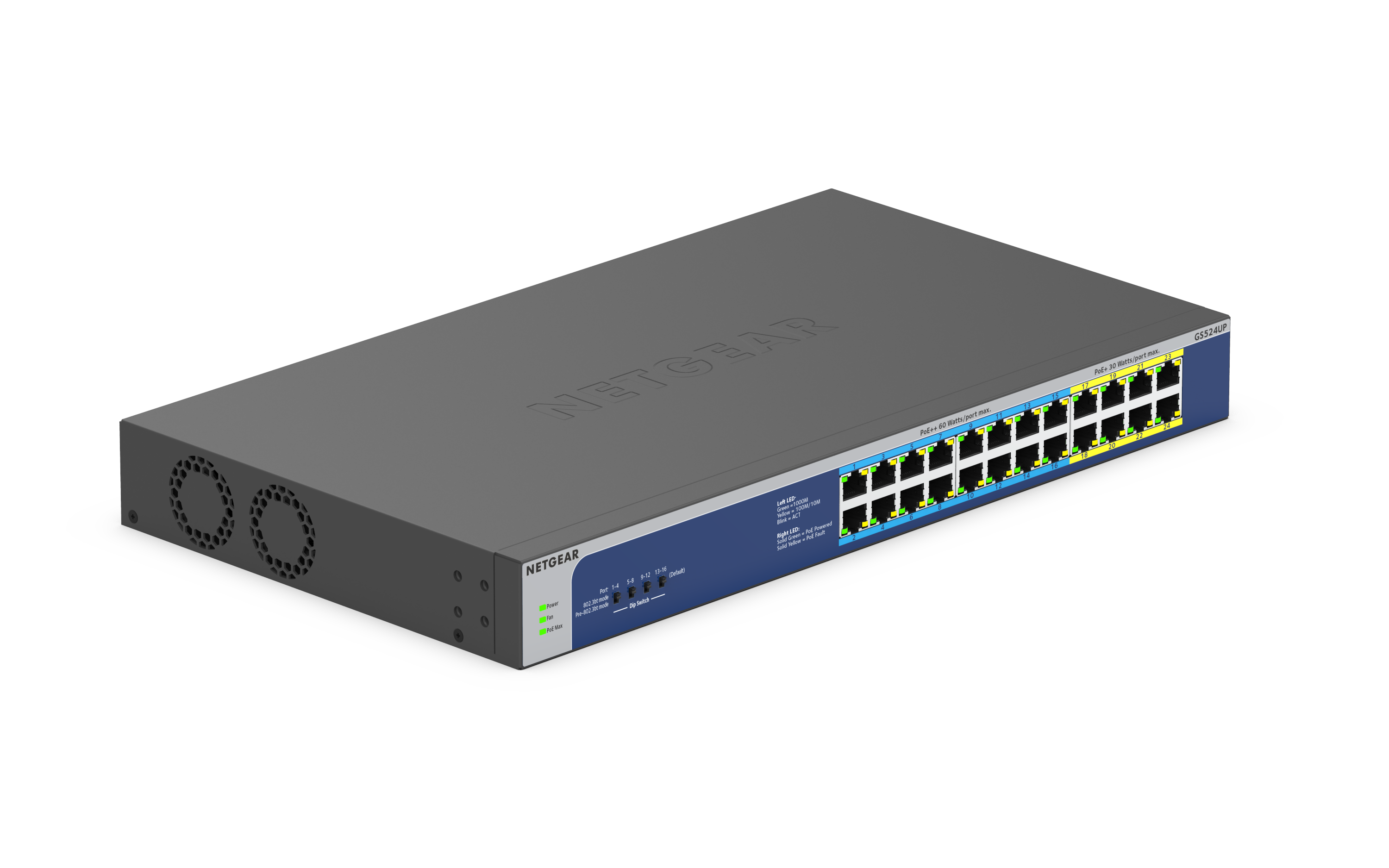 Netgear GS524UP 24 Port Gigabit Ethernet LAN Ultra60-PoE Switch (mit 8x PoE+ & 16x PoE++ 480W, Plug-and-Play, Desktop oder 19 Zoll Rack-Montage) GS524UP-100EUS