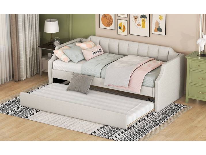 Furnishings Home Polsterbett Tagesbett Daybett Ausziehbett, Schlafsofa, mit Unterbett 90x200cm + 90x190cm und Lattenrost, Leinen