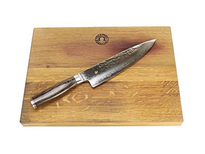 Palatina Werkstatt ® Kai Shun Premier Tim Mälzer Angebotsset,TDM-1706 Kochmesser aus Damaststahl, 20 cm Klinge + XXL Schneidebrett 40x30cm handgefertigt aus altem Fassholz