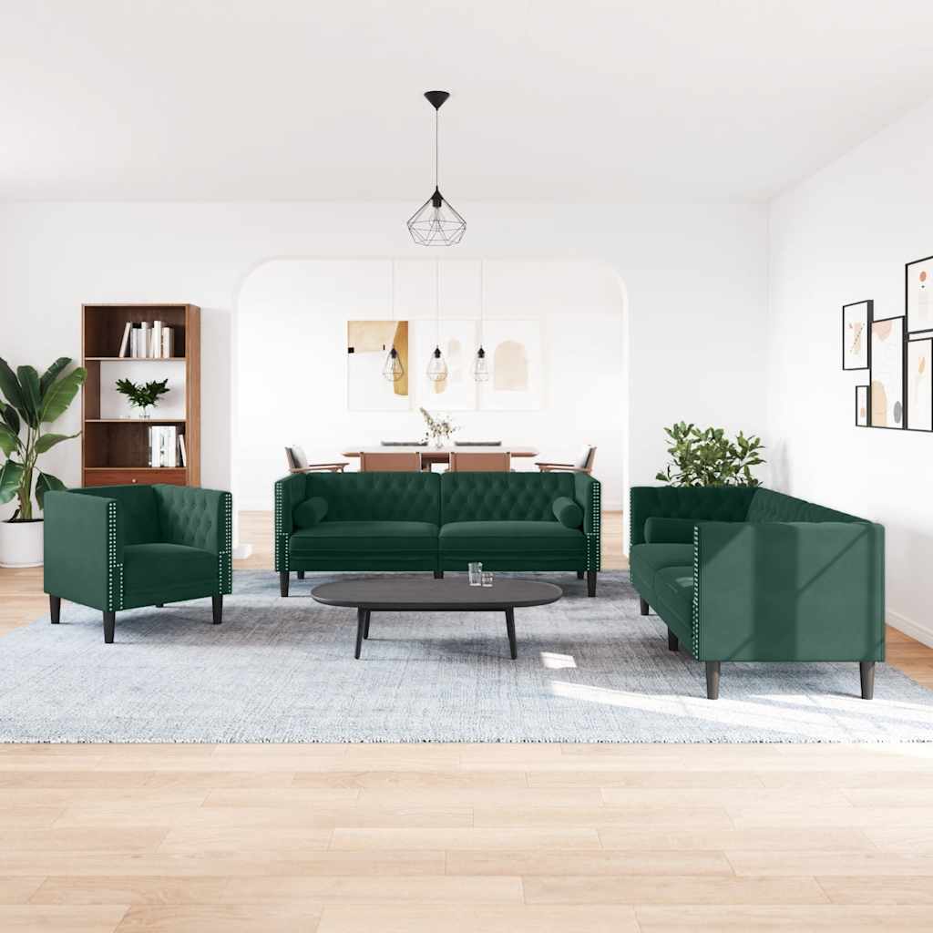 vidaXL Ensemble de canapé Chesterfield et traversins 3 pcs vert foncé