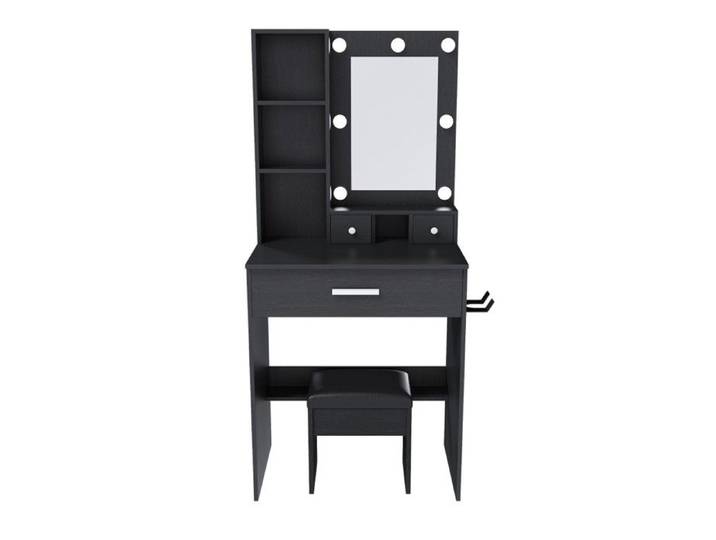 Coiffeuse noire 60x38x131.5cm avec miroir LED réglable prise électrique tiroirs étagère et tabouret rembourré