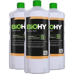 BiOHY Creme Seife (3x1l Flasche) | Hautschonende, rückfettende und geruchsneutrale Handseife PHOSPHATFREI | Ohne Parfüm und Farbstoffe