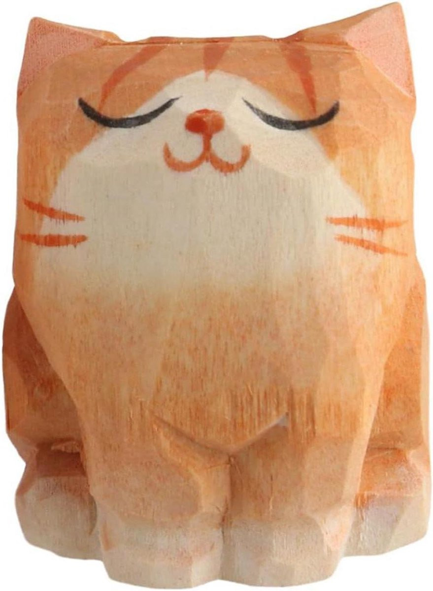 Set van 2 handgesneden houten kat beeldjes in het oranje