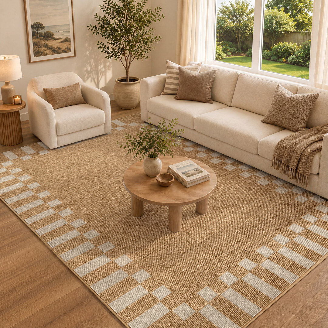 Latitude Vive Fifth Avenue Check Border Rug Spruce Yellow,Off-White,Beige Rectangle 152 x 225 cm
