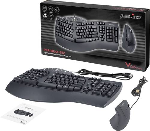Perixx PERIDUO-512 DE B Kabelgebunden Tastatur, Maus-Set Ergonomisch Deutsch, QWERTZ Schwarz