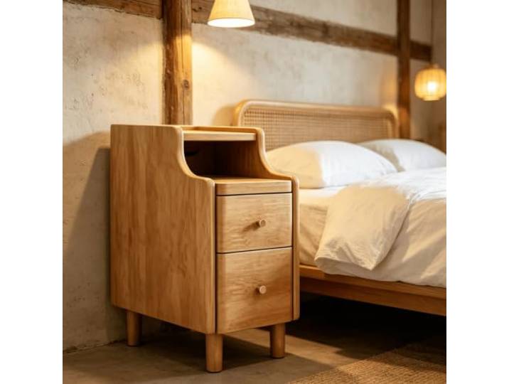 kumamart Nachttisch aus Massivholz, Schmaler Beistelltisch für Schlafzimmer Kompakter Massivholz Beistelltisch mit dreistufigem Stauraum für Schlafzimmer.(Wood,7.87in)