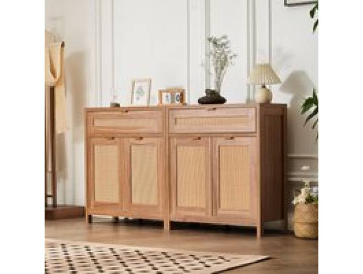 VEVOR Buffet en Rotin Lot de 2 Pièces, Armoire avec 4 Portes Magnétiques et 2 Tiroirs, Meuble de Rangement avec Étagères Réglables, Solution de Rangement pour Couloir, Entrée, Salon, Cuisine, Naturel