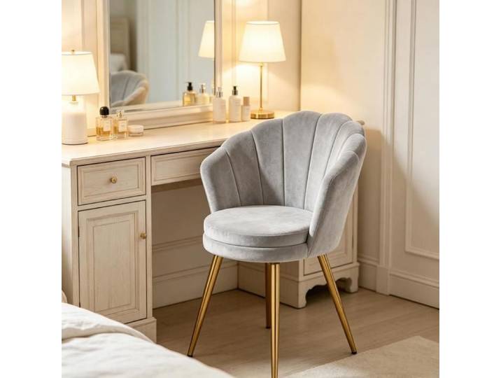 PIPIPOXER Fauteuil Maquillage Chambre Velours Gris Dossier Pétale Pieds Métal Coussin de siège moelleux Tabouret De Coiffeuse