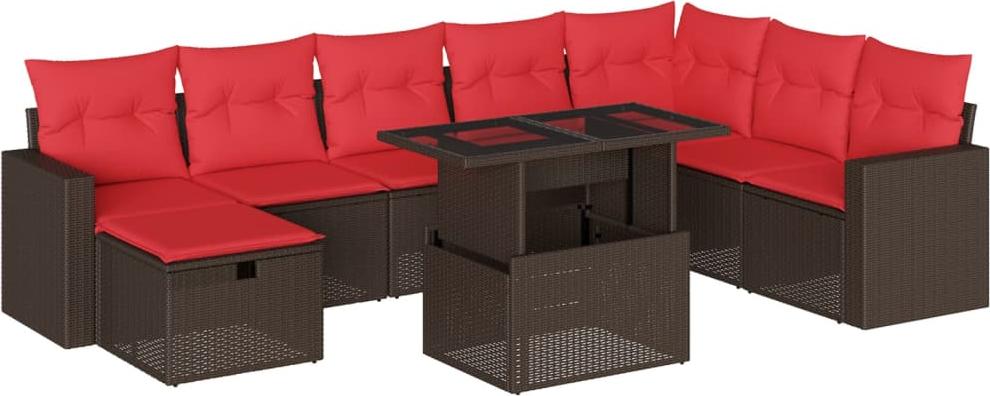 Modulares Gartensofa-Set, 9-teilig, für Terrasse & Balkon, Polyrattan braun, verstellbarer Tisch, abnehmbare rote Kissen, UV-beständig