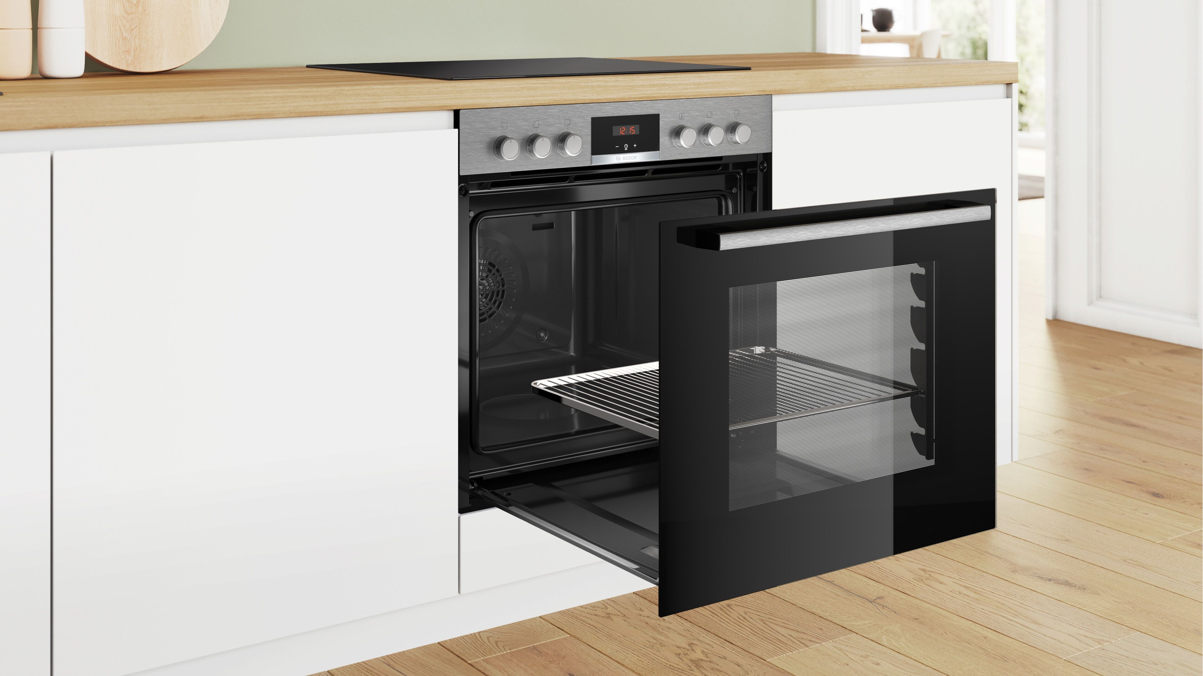 BOSCH Elektro-Herd-Set "HND411VS67", Energieeffizienz: A+ (A+++-D), schwarz (schwarz, edelstahl), Herdsets, Backwagen mit ausziehbarer Tür für bequemes Kochen & Backen