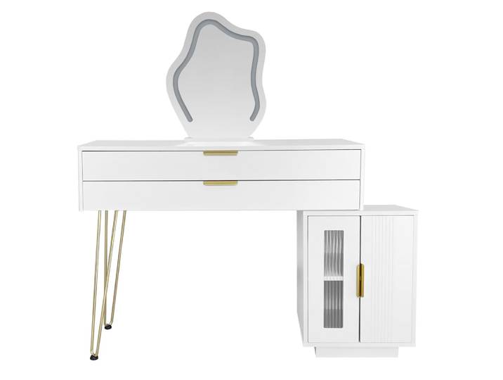 Coiffeuse blanche avec miroir LED ondulé et meuble latéral modulable