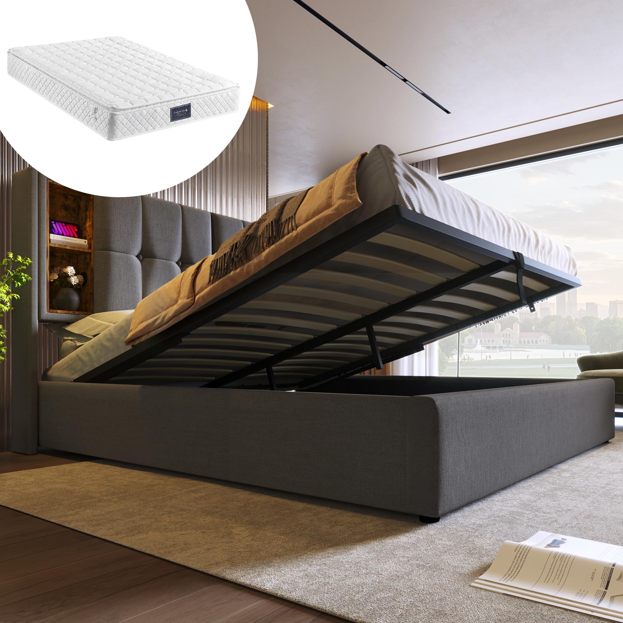 Doppelbett mit Kabellosem Laden USB C, Polsterbett Bettgestell 140x200cm,Bettgestell mit Stauraum Lattenrost aus Holz-Grau Baumwolle (Mit Matratze)