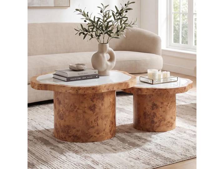 chairus Lot de 2 Tables Basses Gigognes en Nuage avec Imitation Marbre Table de Salon Moderne Table d'appoint Balcon Bois Naturel