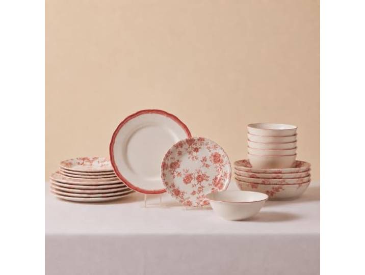 Nordic Schiller Tafelservice 24-teilig aus Porzellan für 6 Personen, Rot 6 Speiseteller, 6 Suppenteller, 6 Dessertteller, 6 Kompottschalen, Modernes Geschirrset