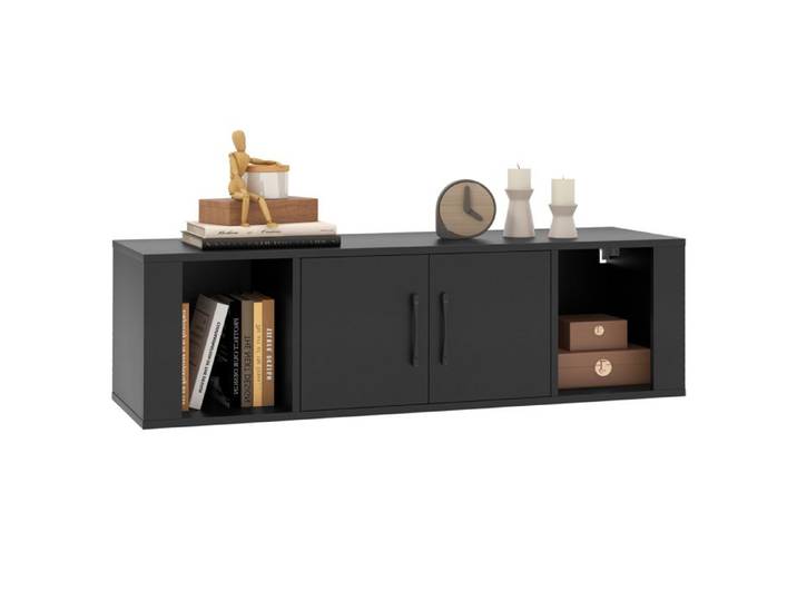 Meuble Étagère Murale à 2 Portes COSTWAY Armoire de Rangement Flottant avec 2 Cubes Ouverts sous Télévision Bureau de Console Noir