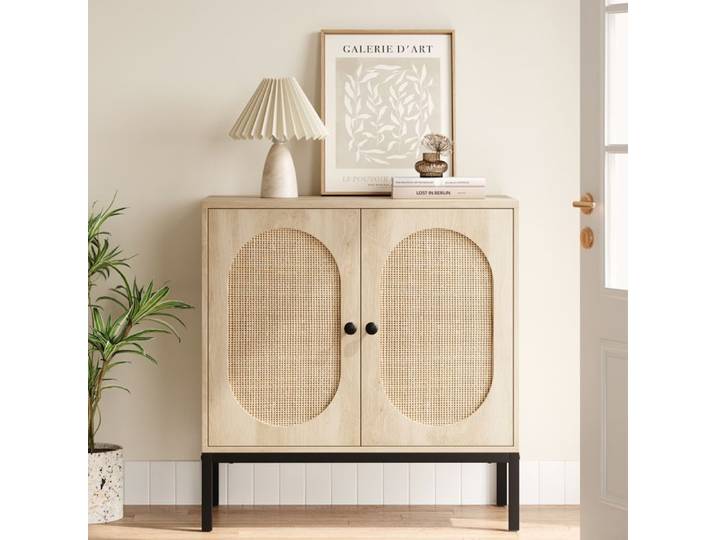Buffet de rangement - Naturel - 80x40x82.8cm - Métal - Rotin - Style scandinave moderne