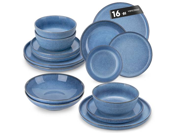 Service de table en grès Vancasso 16/32 pièces, 4 couleurs, assiettes, service de table avec 4 assiettes à dîner/dessert/soupe/bol, résistant au four