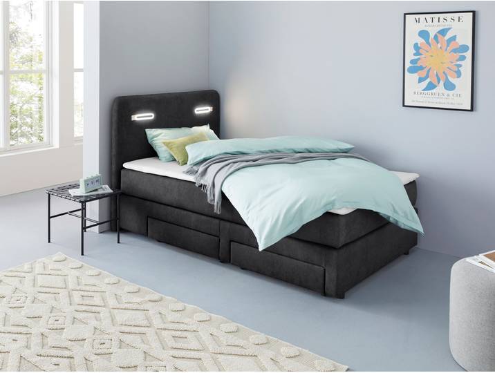 Boxbett, Polyester, Schwarz, 127×211 cm, Schubkästen & LED-Beleuchtung, Modern, INOSIGN